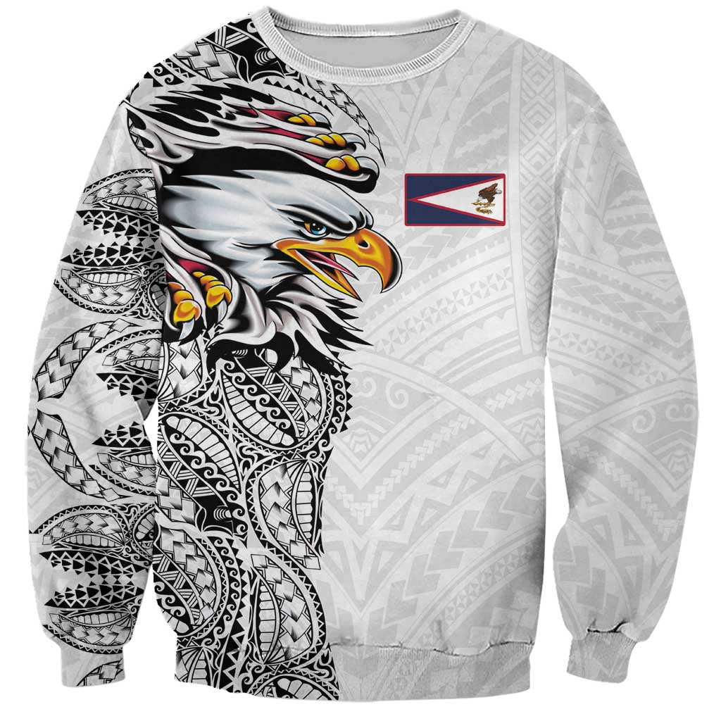 American Samoa Flag Day Sweatshirt Tribal Tattoo with Eagle White LT03 Unisex White - Polynesian Pride
