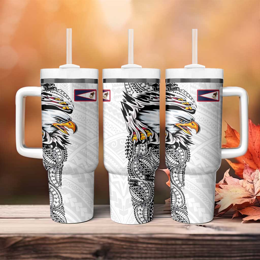 American Samoa Flag Day Tumbler With Handle Tribal Tattoo with Eagle White LT03 - Polynesian Pride