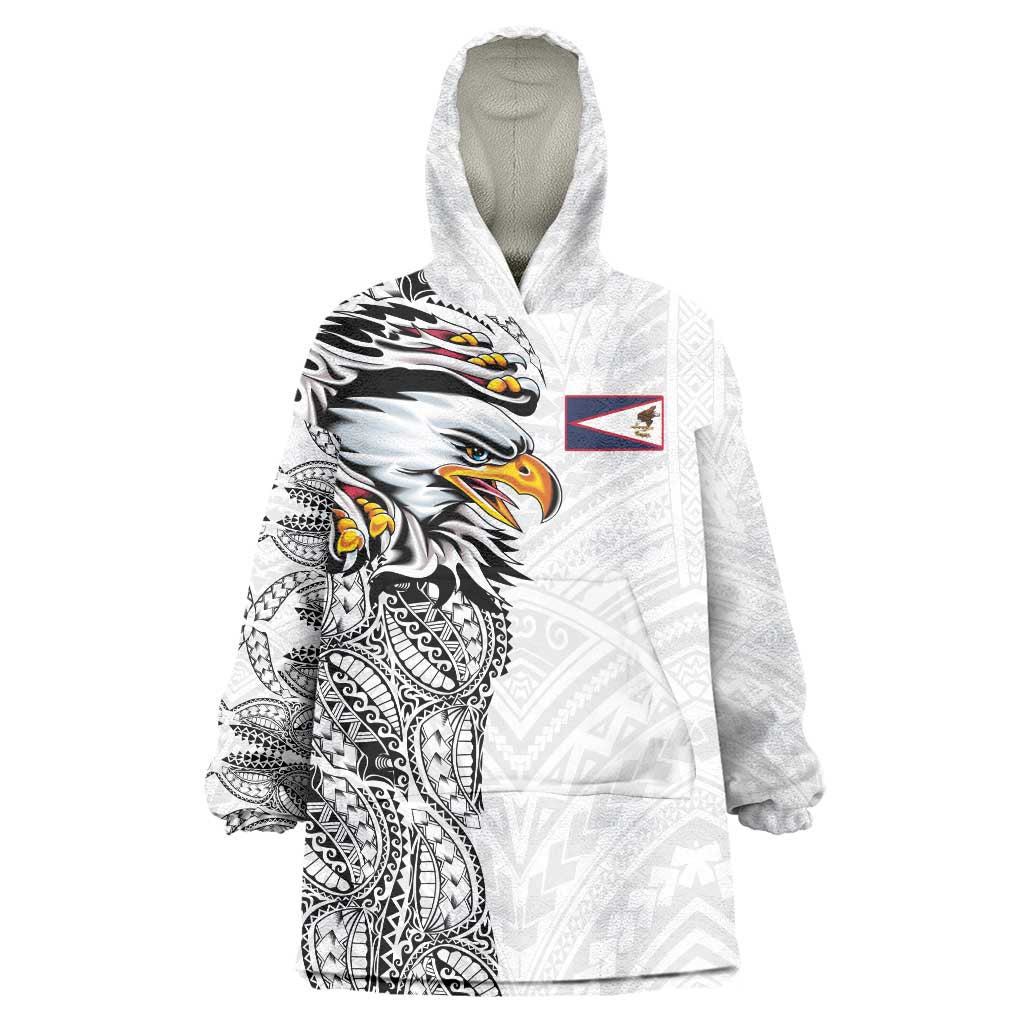 American Samoa Flag Day Wearable Blanket Hoodie Tribal Tattoo with Eagle White