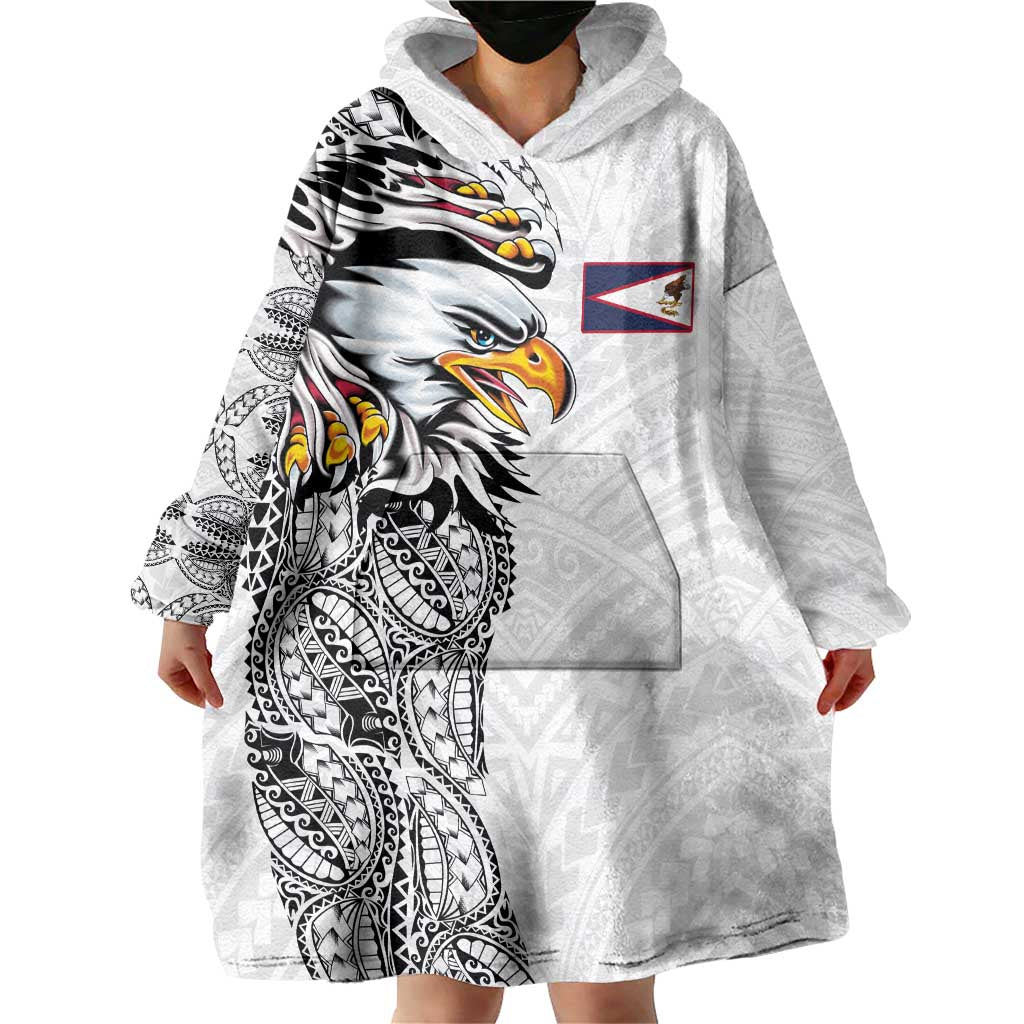 American Samoa Flag Day Wearable Blanket Hoodie Tribal Tattoo with Eagle White