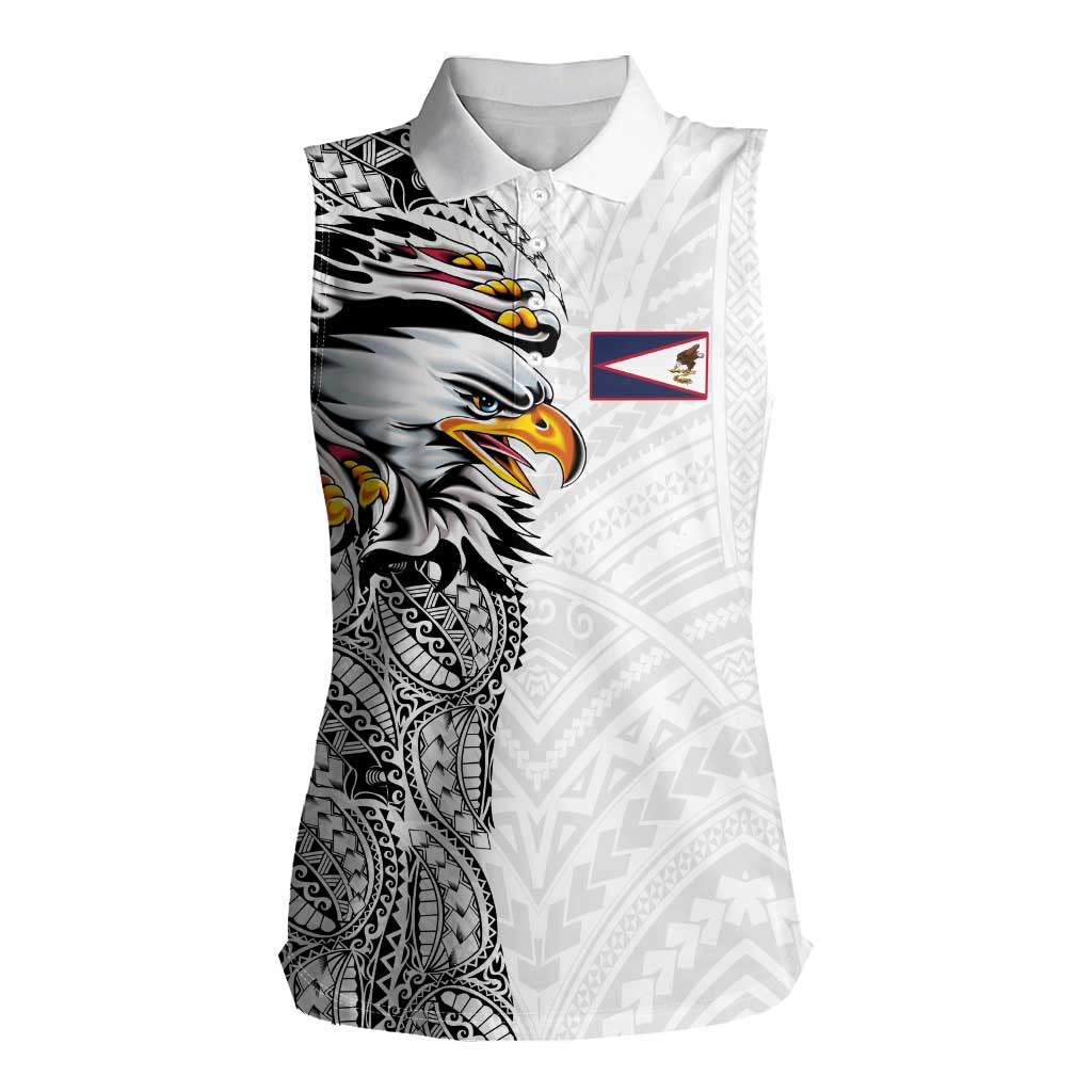American Samoa Flag Day Women Sleeveless Polo Shirt Tribal Tattoo with Eagle White