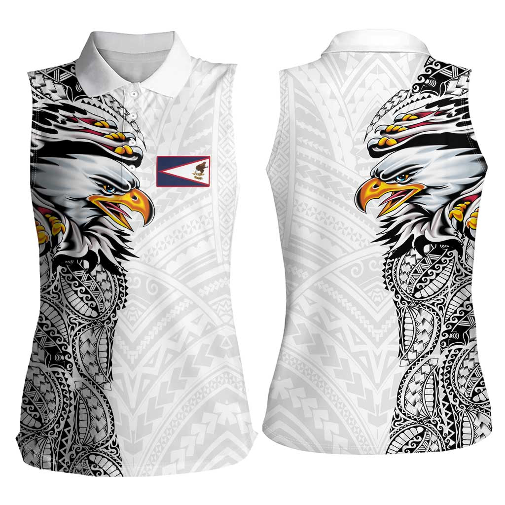 American Samoa Flag Day Women Sleeveless Polo Shirt Tribal Tattoo with Eagle White