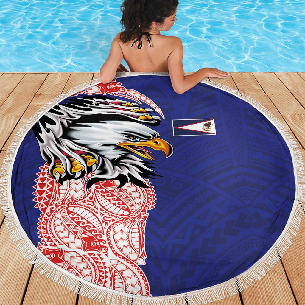 American Samoa Flag Day Beach Blanket Tribal Tattoo with Eagle Blue-Red