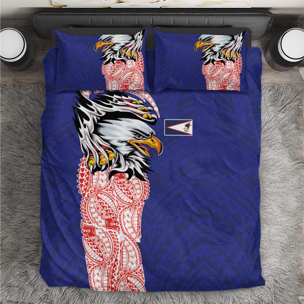 American Samoa Flag Day Bedding Set Tribal Tattoo with Eagle Blue-Red LT03 Blue - Polynesian Pride