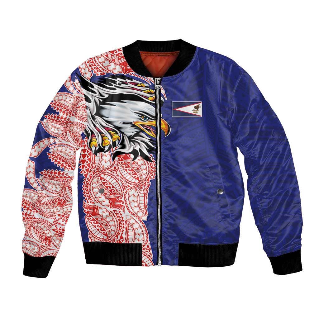 American Samoa Flag Day Bomber Jacket Tribal Tattoo with Eagle Blue-Red