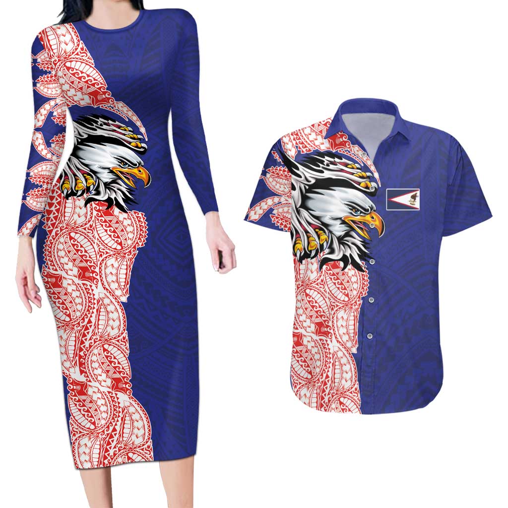 American Samoa Flag Day Couples Matching Long Sleeve Bodycon Dress and Hawaiian Shirt Tribal Tattoo with Eagle Blue-Red LT03 Blue - Polynesian Pride