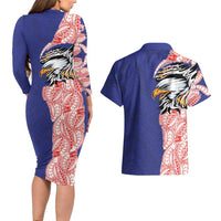 American Samoa Flag Day Couples Matching Long Sleeve Bodycon Dress and Hawaiian Shirt Tribal Tattoo with Eagle Blue-Red LT03 - Polynesian Pride