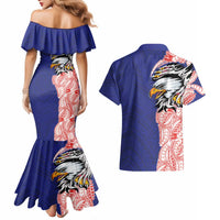 American Samoa Flag Day Couples Matching Mermaid Dress and Hawaiian Shirt Tribal Tattoo with Eagle Blue-Red LT03 - Polynesian Pride
