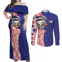 American Samoa Flag Day Couples Matching Off Shoulder Maxi Dress and Long Sleeve Button Shirt Tribal Tattoo with Eagle Blue-Red