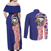 American Samoa Flag Day Couples Matching Off Shoulder Maxi Dress and Long Sleeve Button Shirt Tribal Tattoo with Eagle Blue-Red