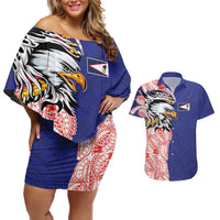 American Samoa Flag Day Couples Matching Off Shoulder Short Dress and Hawaiian Shirt Tribal Tattoo with Eagle Blue-Red LT03 Blue - Polynesian Pride