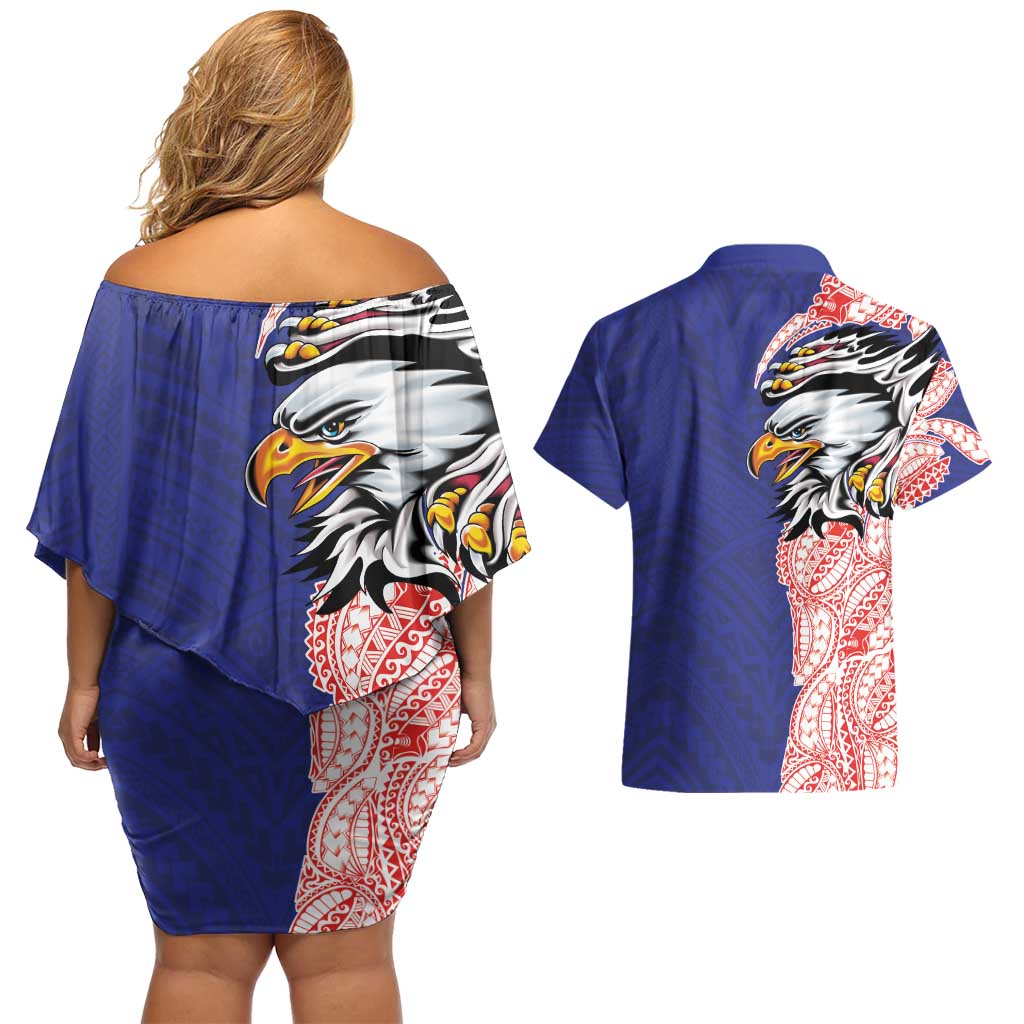 American Samoa Flag Day Couples Matching Off Shoulder Short Dress and Hawaiian Shirt Tribal Tattoo with Eagle Blue-Red LT03 - Polynesian Pride