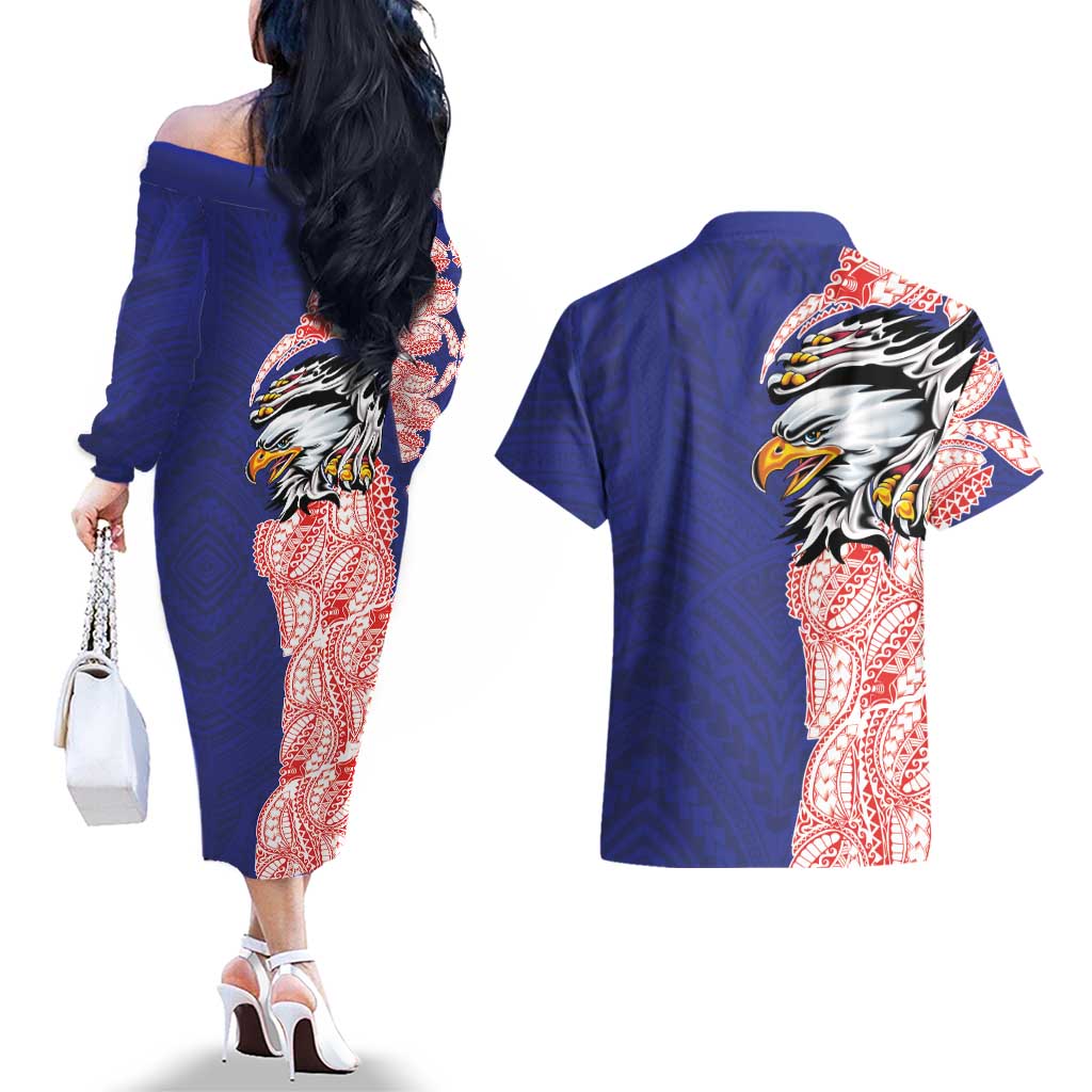 American Samoa Flag Day Couples Matching Off The Shoulder Long Sleeve Dress and Hawaiian Shirt Tribal Tattoo with Eagle Blue-Red LT03 - Polynesian Pride