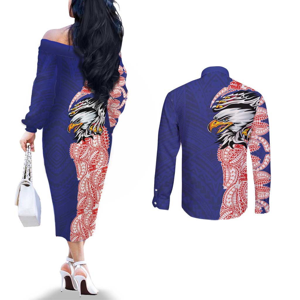 American Samoa Flag Day Couples Matching Off The Shoulder Long Sleeve Dress and Long Sleeve Button Shirt Tribal Tattoo with Eagle Blue-Red LT03 - Polynesian Pride