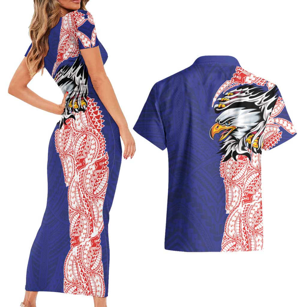 American Samoa Flag Day Couples Matching Short Sleeve Bodycon Dress and Hawaiian Shirt Tribal Tattoo with Eagle Blue-Red LT03 - Polynesian Pride