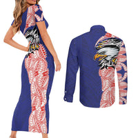 American Samoa Flag Day Couples Matching Short Sleeve Bodycon Dress and Long Sleeve Button Shirt Tribal Tattoo with Eagle Blue-Red LT03 - Polynesian Pride
