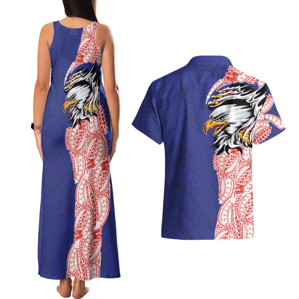 American Samoa Flag Day Couples Matching Tank Maxi Dress and Hawaiian Shirt Tribal Tattoo with Eagle Blue-Red LT03 - Polynesian Pride