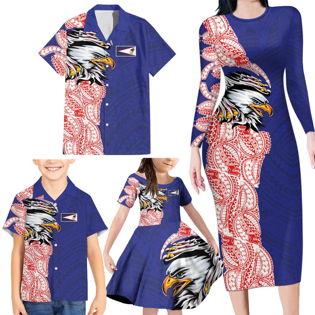 American Samoa Flag Day Family Matching Long Sleeve Bodycon Dress and Hawaiian Shirt Tribal Tattoo with Eagle Blue-Red