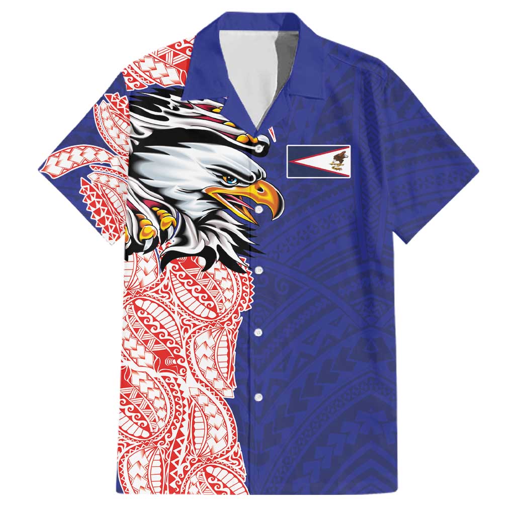 American Samoa Flag Day Family Matching Long Sleeve Bodycon Dress and Hawaiian Shirt Tribal Tattoo with Eagle Blue-Red