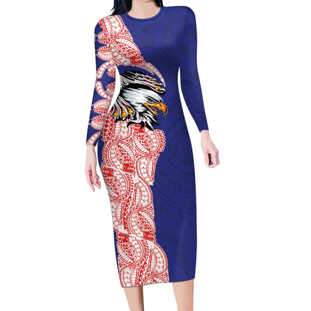 American Samoa Flag Day Family Matching Long Sleeve Bodycon Dress and Hawaiian Shirt Tribal Tattoo with Eagle Blue-Red
