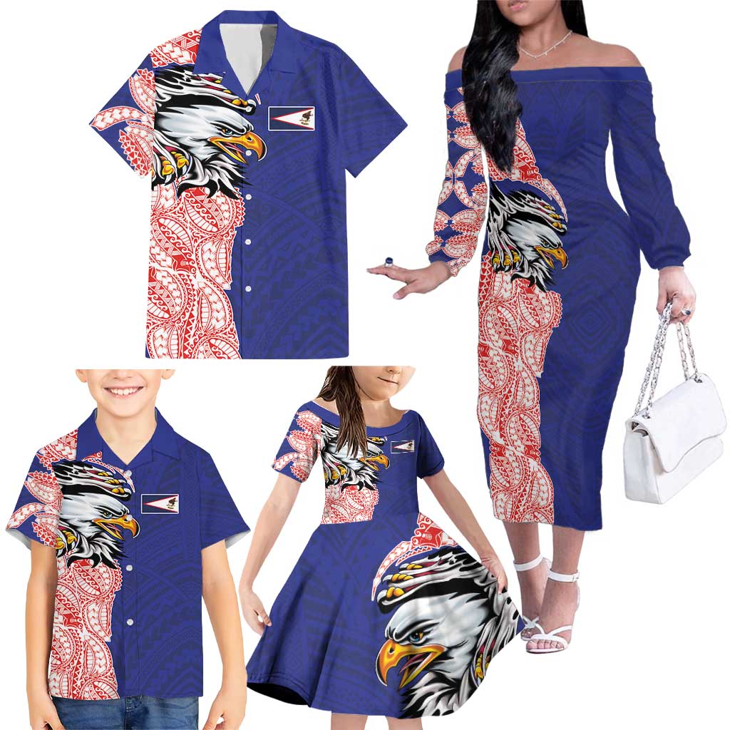 American Samoa Flag Day Family Matching Off The Shoulder Long Sleeve Dress and Hawaiian Shirt Tribal Tattoo with Eagle Blue-Red