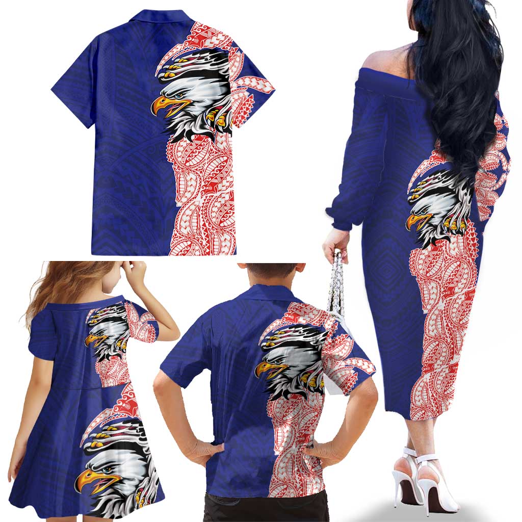 American Samoa Flag Day Family Matching Off The Shoulder Long Sleeve Dress and Hawaiian Shirt Tribal Tattoo with Eagle Blue-Red