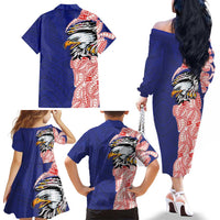American Samoa Flag Day Family Matching Off The Shoulder Long Sleeve Dress and Hawaiian Shirt Tribal Tattoo with Eagle Blue-Red