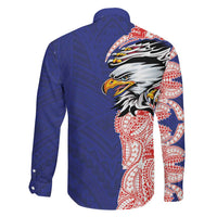 American Samoa Flag Day Family Matching Off The Shoulder Long Sleeve Dress and Hawaiian Shirt Tribal Tattoo with Eagle Blue-Red