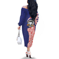 American Samoa Flag Day Family Matching Off The Shoulder Long Sleeve Dress and Hawaiian Shirt Tribal Tattoo with Eagle Blue-Red