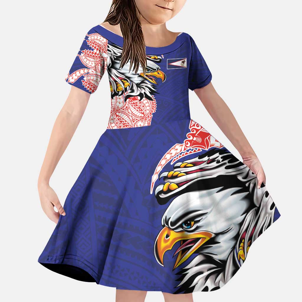 American Samoa Flag Day Family Matching Off Shoulder Maxi Dress and Hawaiian Shirt Tribal Tattoo with Eagle Blue-Red LT03 Daughter's Dress Blue - Polynesian Pride