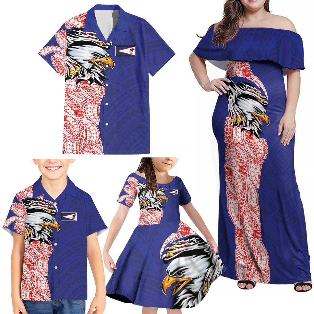 American Samoa Flag Day Family Matching Off Shoulder Maxi Dress and Hawaiian Shirt Tribal Tattoo with Eagle Blue-Red