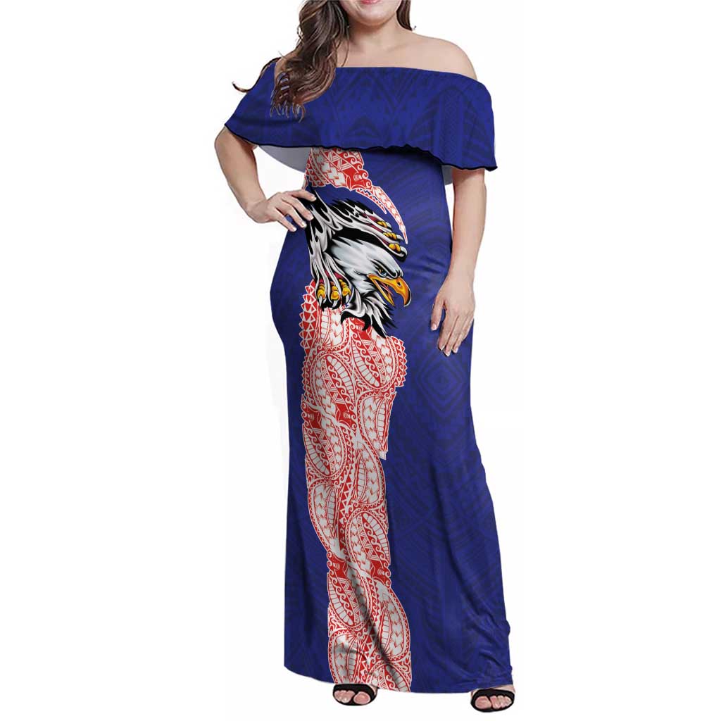 American Samoa Flag Day Family Matching Off Shoulder Maxi Dress and Hawaiian Shirt Tribal Tattoo with Eagle Blue-Red LT03 Mom's Dress Blue - Polynesian Pride