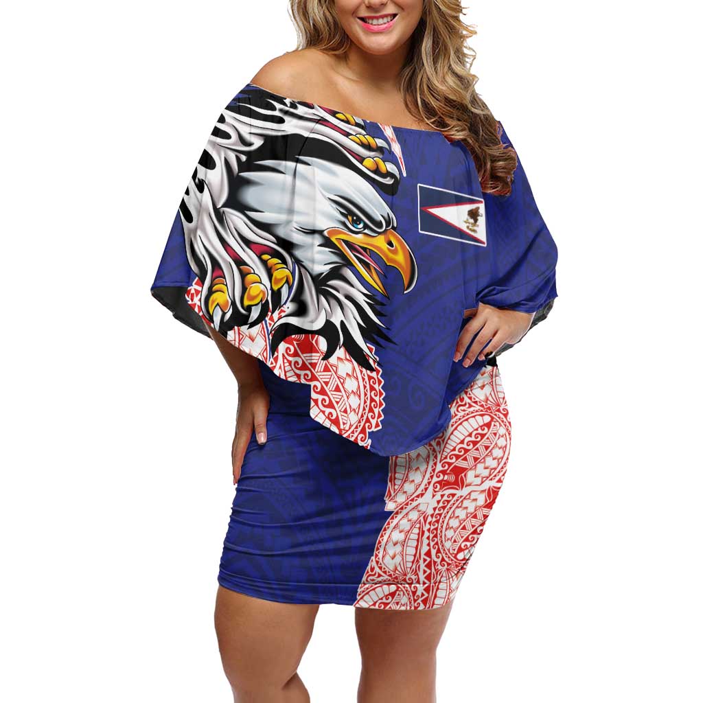 American Samoa Flag Day Family Matching Off Shoulder Short Dress and Hawaiian Shirt Tribal Tattoo with Eagle Blue-Red LT03 Mom's Dress Blue - Polynesian Pride