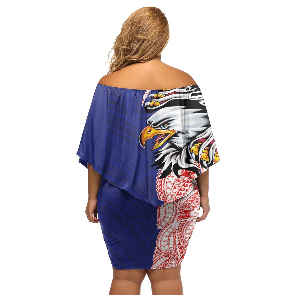 American Samoa Flag Day Family Matching Off Shoulder Short Dress and Hawaiian Shirt Tribal Tattoo with Eagle Blue-Red LT03 - Polynesian Pride