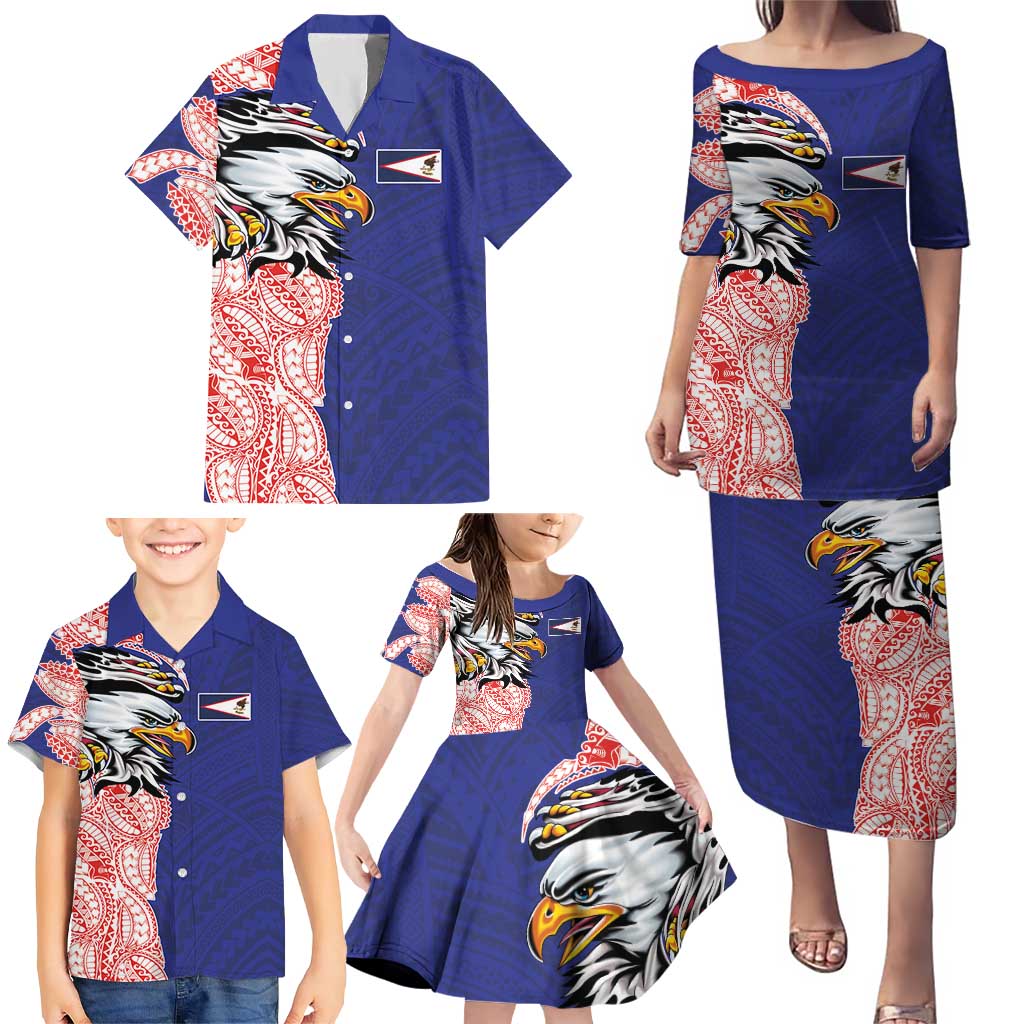 American Samoa Flag Day Family Matching Puletasi and Hawaiian Shirt Tribal Tattoo with Eagle Blue-Red