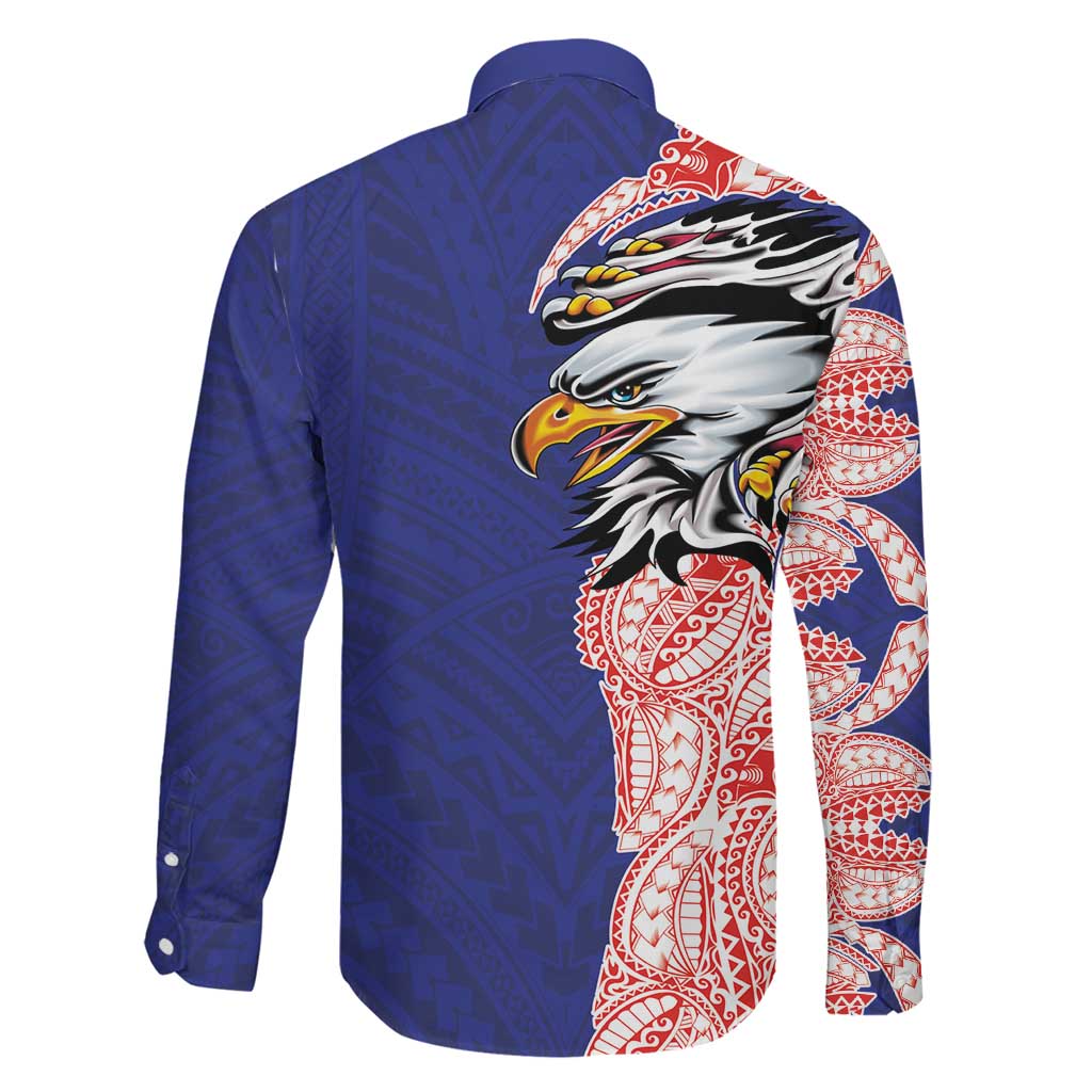American Samoa Flag Day Family Matching Short Sleeve Bodycon Dress and Hawaiian Shirt Tribal Tattoo with Eagle Blue-Red