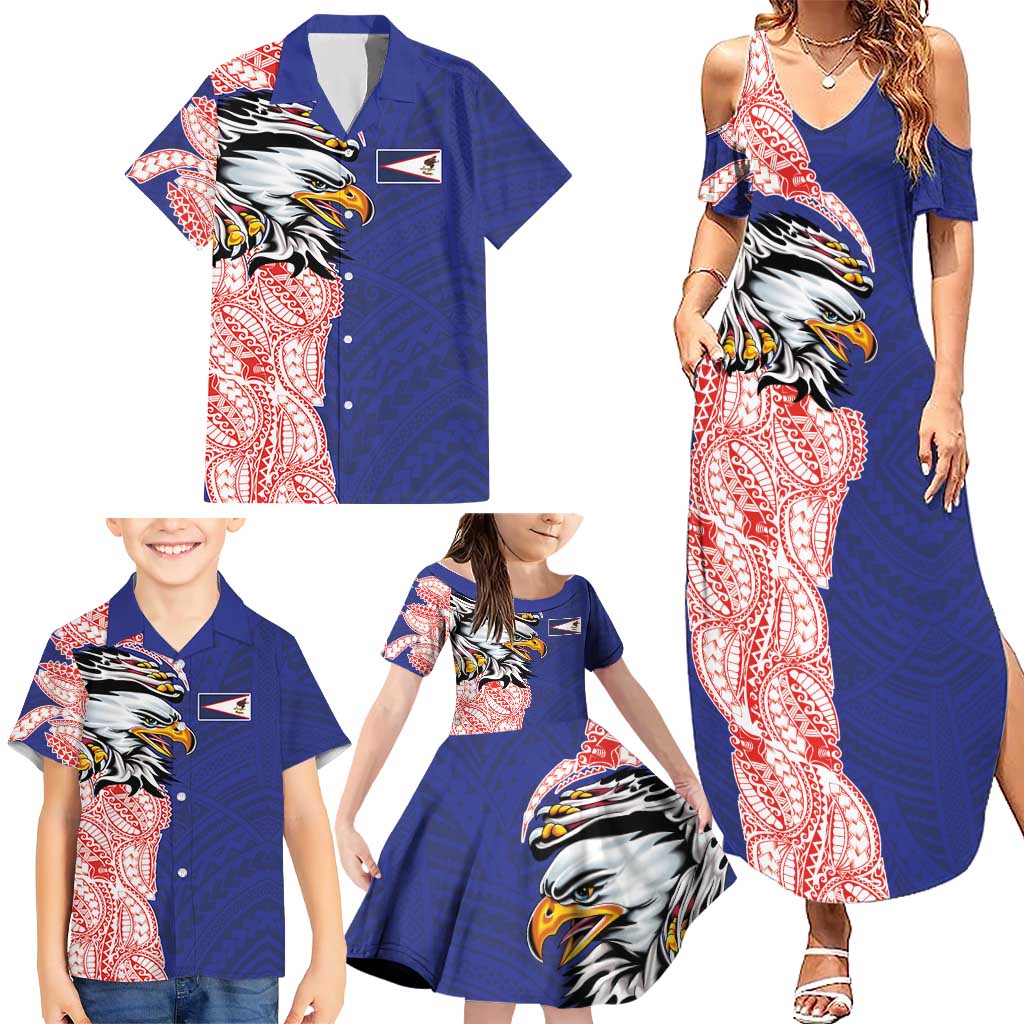 American Samoa Flag Day Family Matching Summer Maxi Dress and Hawaiian Shirt Tribal Tattoo with Eagle Blue-Red LT03 - Polynesian Pride
