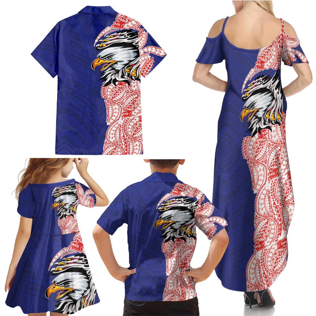 American Samoa Flag Day Family Matching Summer Maxi Dress and Hawaiian Shirt Tribal Tattoo with Eagle Blue-Red LT03 - Polynesian Pride