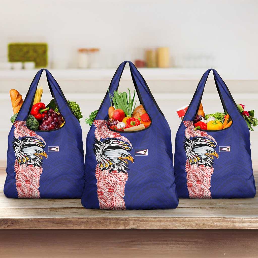 American Samoa Flag Day Grocery Bag Tribal Tattoo with Eagle Blue-Red