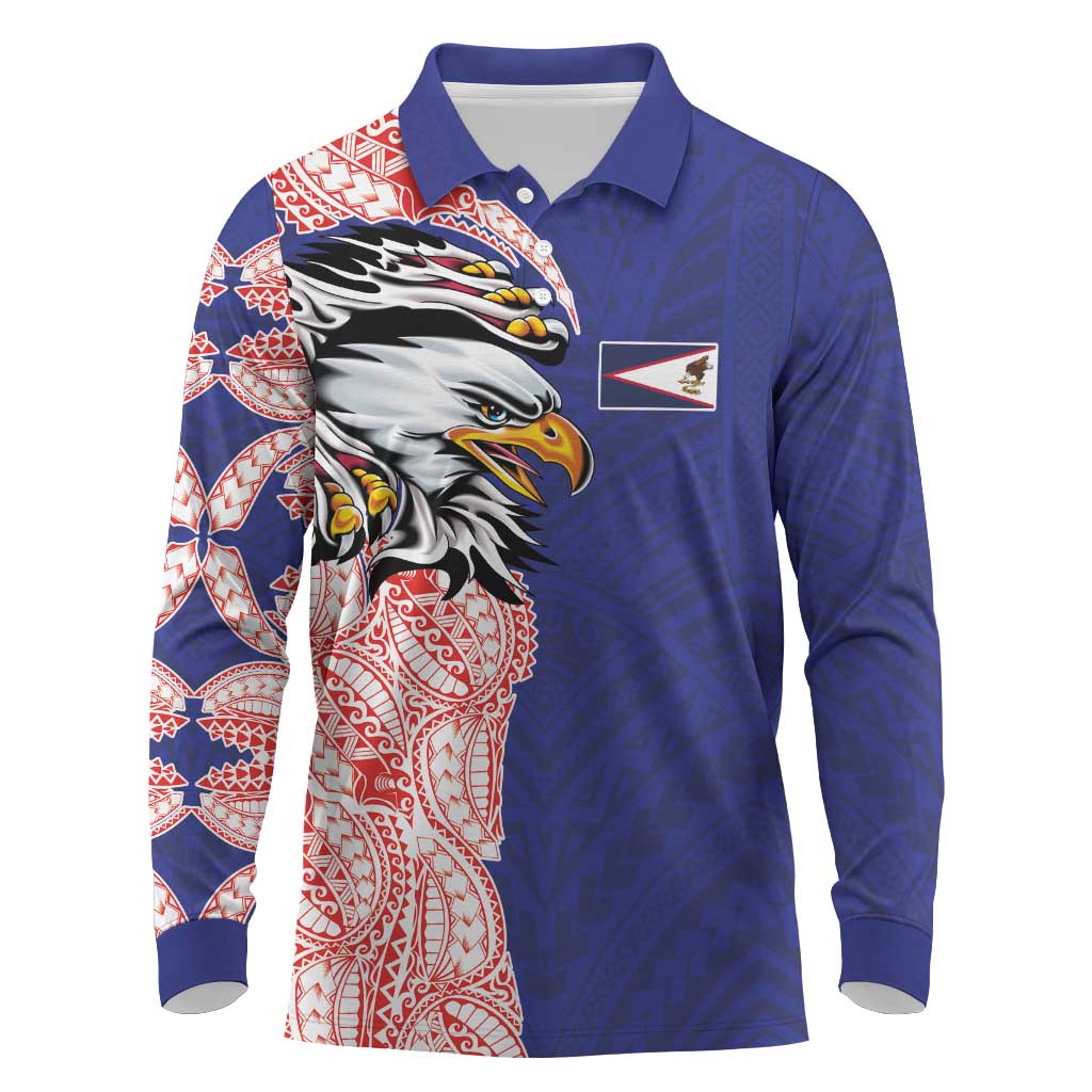 American Samoa Flag Day Long Sleeve Polo Shirt Tribal Tattoo with Eagle Blue-Red