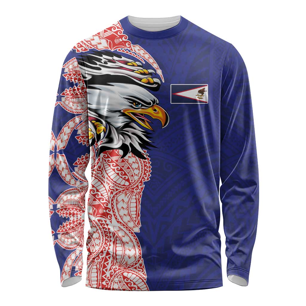 American Samoa Flag Day Long Sleeve Shirt Tribal Tattoo with Eagle Blue-Red