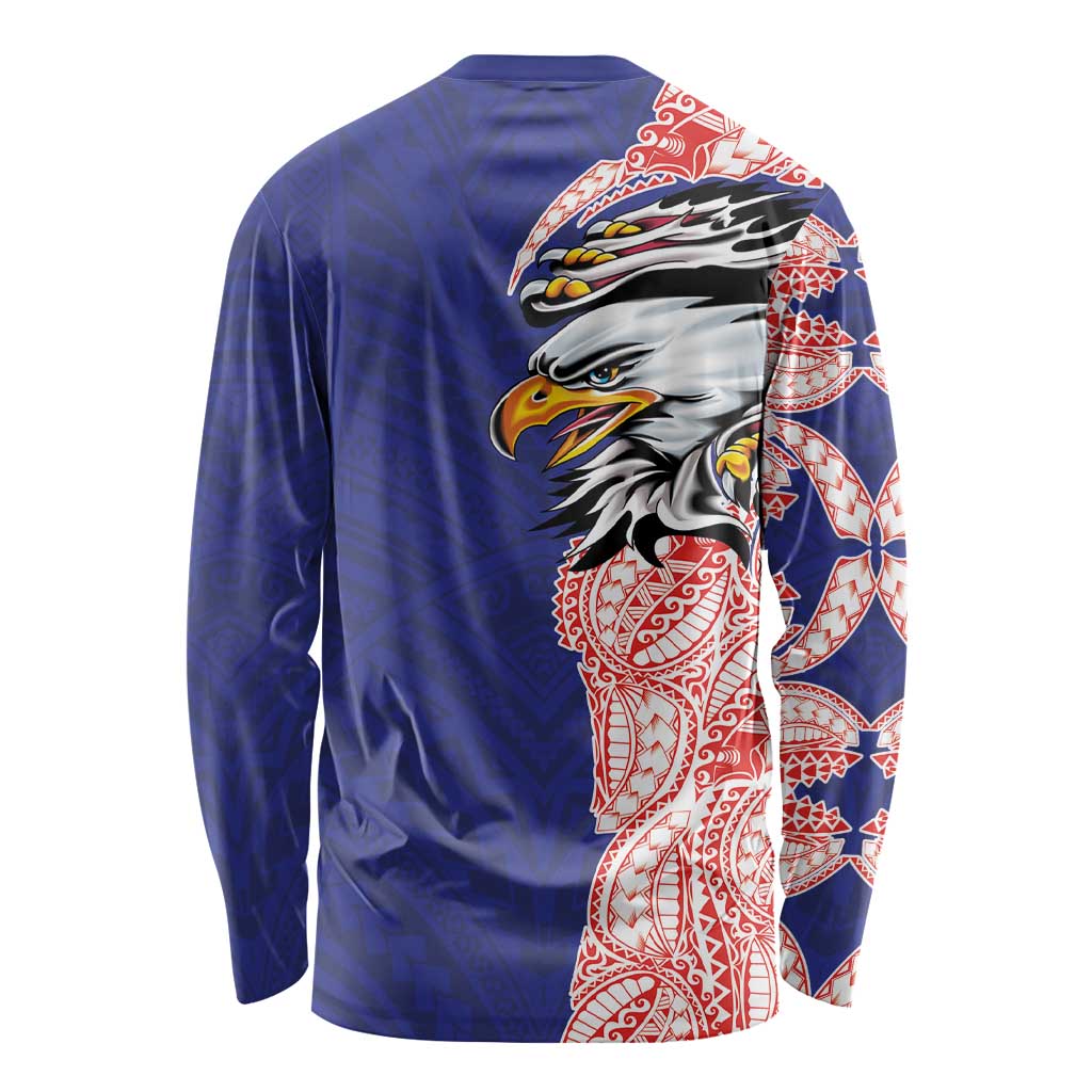 American Samoa Flag Day Long Sleeve Shirt Tribal Tattoo with Eagle Blue-Red
