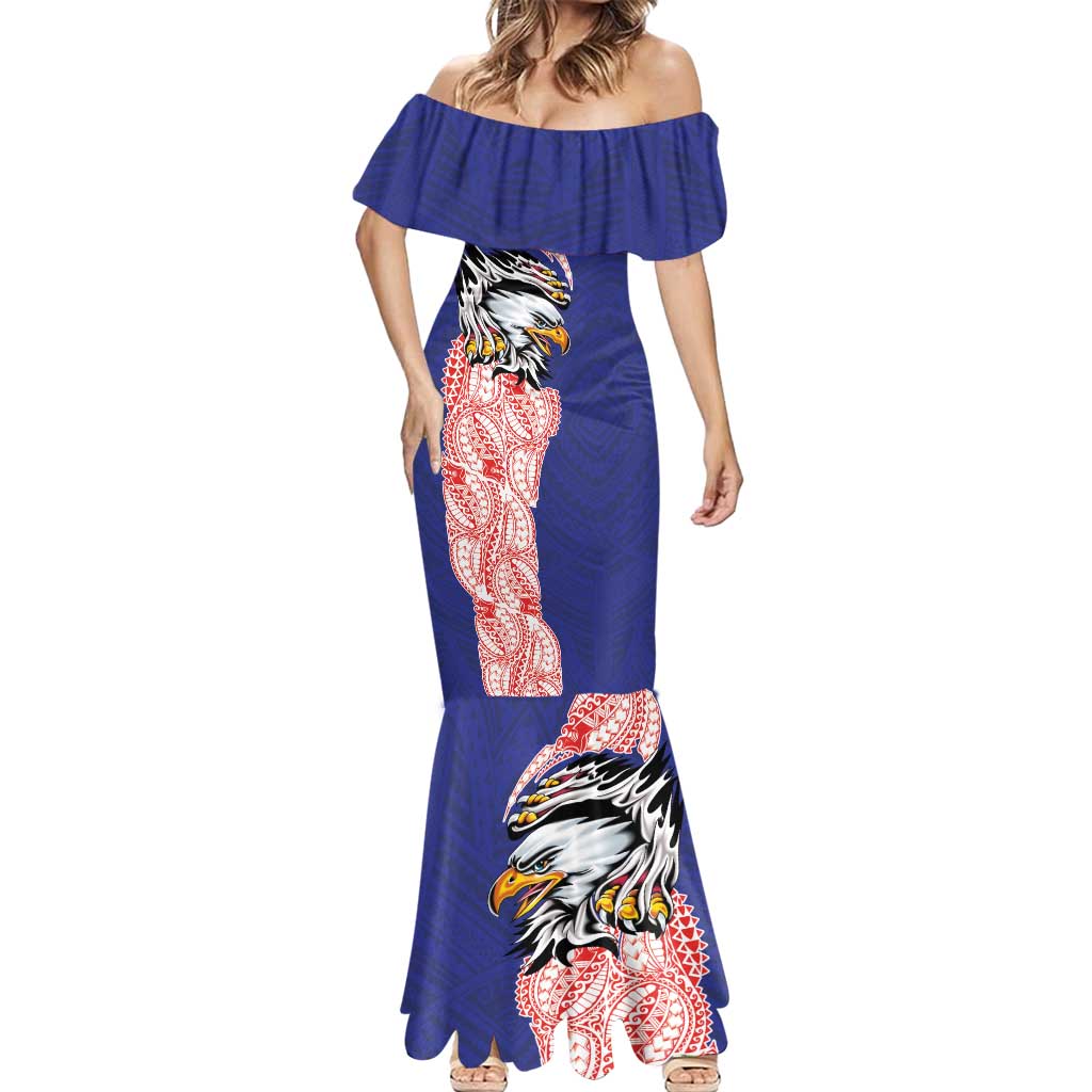 American Samoa Flag Day Mermaid Dress Tribal Tattoo with Eagle Blue-Red