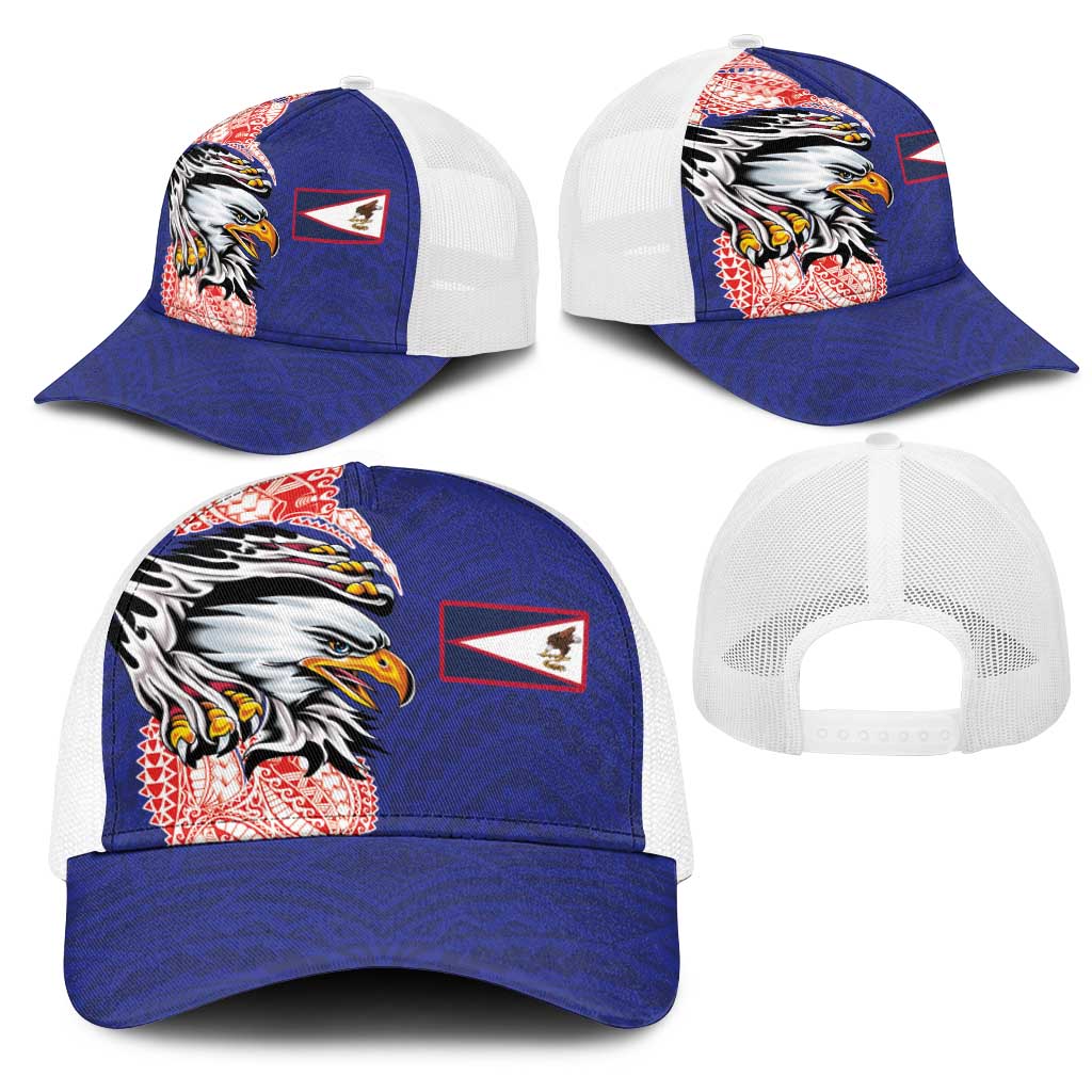 American Samoa Flag Day Mesh Trucker Cap Tribal Tattoo with Eagle Blue-Red