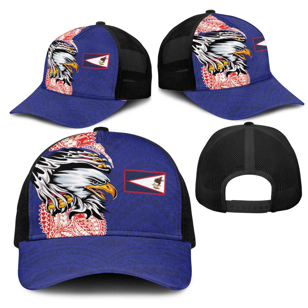 American Samoa Flag Day Mesh Trucker Cap Tribal Tattoo with Eagle Blue-Red