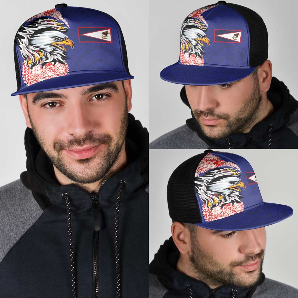 American Samoa Flag Day Mesh Trucker Cap Tribal Tattoo with Eagle Blue-Red