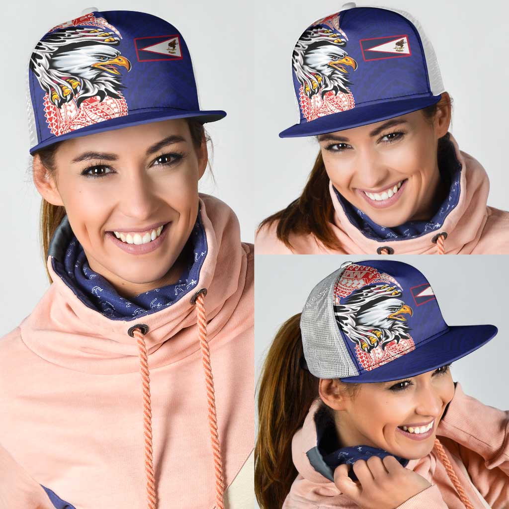 American Samoa Flag Day Mesh Trucker Cap Tribal Tattoo with Eagle Blue-Red