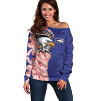 American Samoa Flag Day Off Shoulder Sweater Tribal Tattoo with Eagle Blue-Red LT03 Women Blue - Polynesian Pride