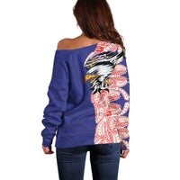 American Samoa Flag Day Off Shoulder Sweater Tribal Tattoo with Eagle Blue-Red LT03 - Polynesian Pride