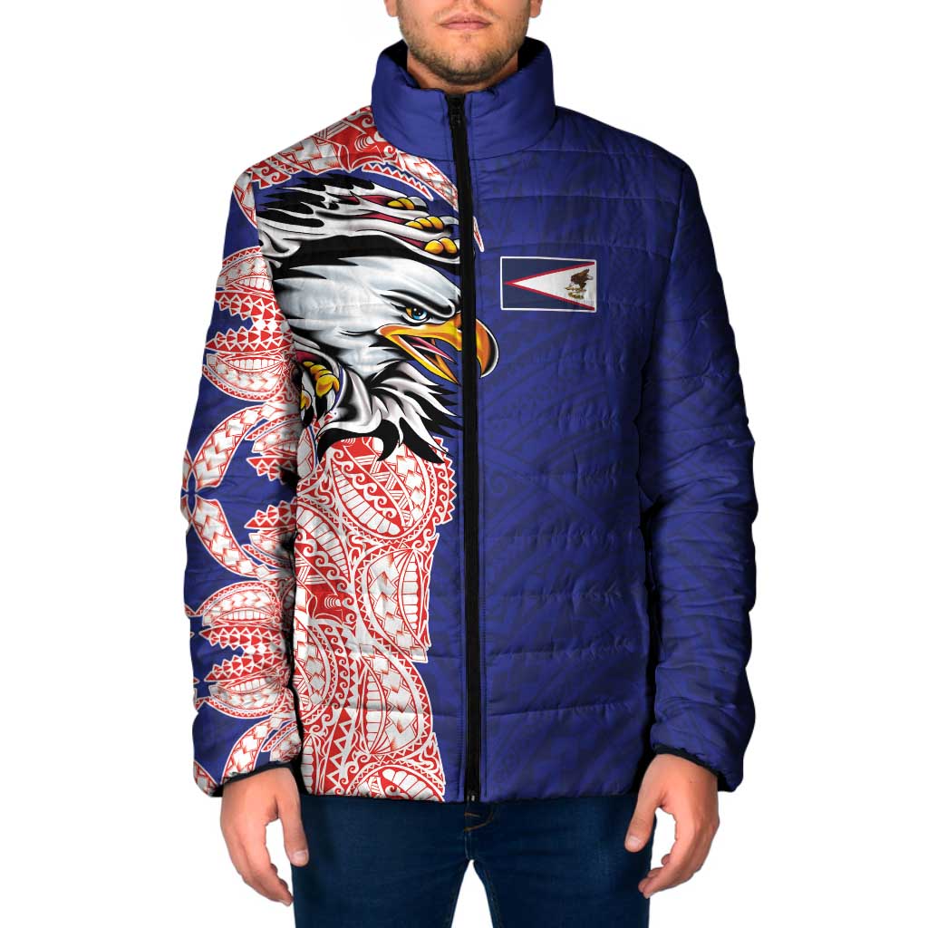 American Samoa Flag Day Padded Jacket Tribal Tattoo with Eagle Blue-Red